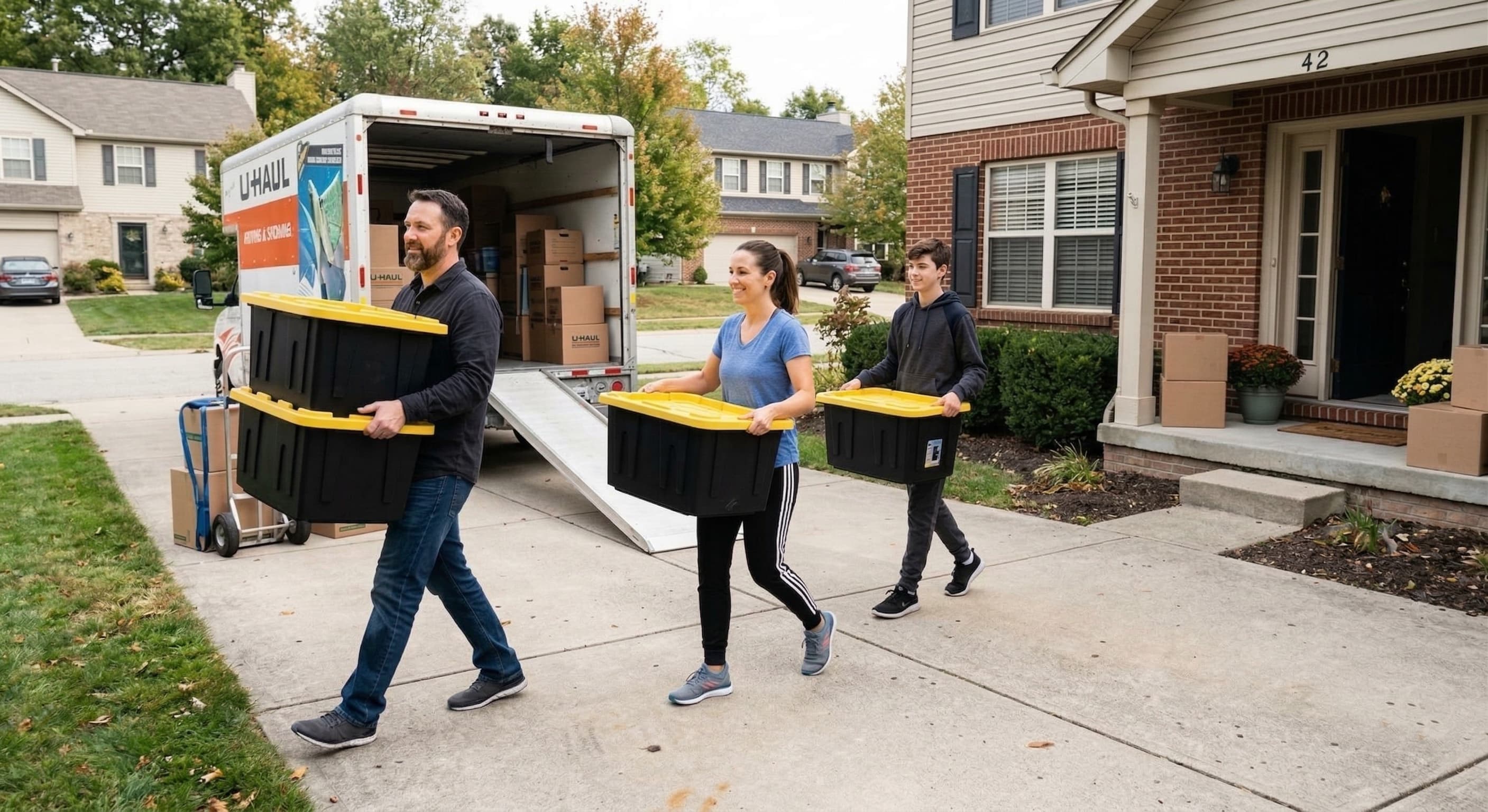 Heavy-duty plastic moving totes stacked and ready for delivery