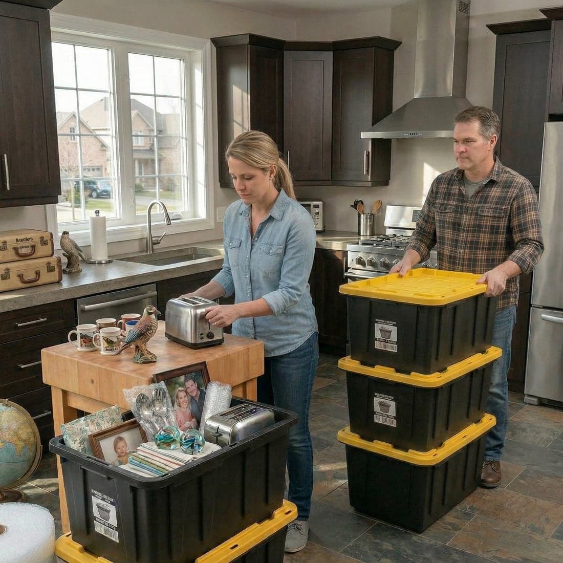 Person packing totes for a move